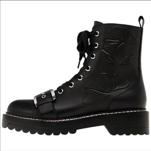 Zara Black Leather Embossed Military Style Boots size 6.5 or 37